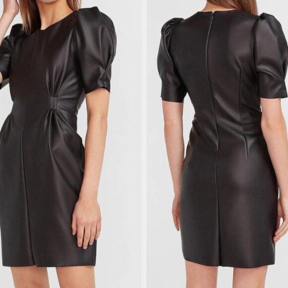 Express Dresses & Skirts - Express Puff Sleeve Vegan Leather Sheat Dress Black